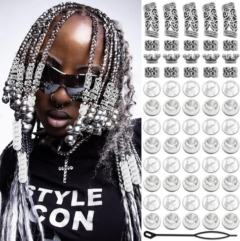NAISKA 60PCS Silver Hair Beads for Braid Viking Hair Jewelry Nordic Runes Tube Beads Muti Styles Loc Dreadlock Accessories Vintage Metal Hair Cuffs Clips Rings for Women and Men in Saudi Arabia