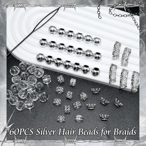 NAISKA 60PCS Silver Hair Beads for Braid Viking Hair Jewelry Nordic Runes Tube Beads Muti Styles Loc Dreadlock Accessories Vintage Metal Hair Cuffs Clips Rings for Women and Men in Saudi Arabia