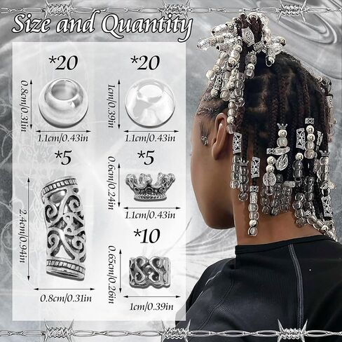 NAISKA 60PCS Silver Hair Beads for Braid Viking Hair Jewelry Nordic Runes Tube Beads Muti Styles Loc Dreadlock Accessories Vintage Metal Hair Cuffs Clips Rings for Women and Men in Saudi Arabia