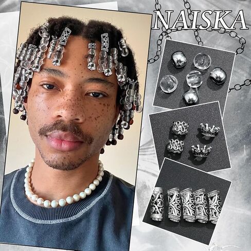 NAISKA 60PCS Silver Hair Beads for Braid Viking Hair Jewelry Nordic Runes Tube Beads Muti Styles Loc Dreadlock Accessories Vintage Metal Hair Cuffs Clips Rings for Women and Men in Saudi Arabia