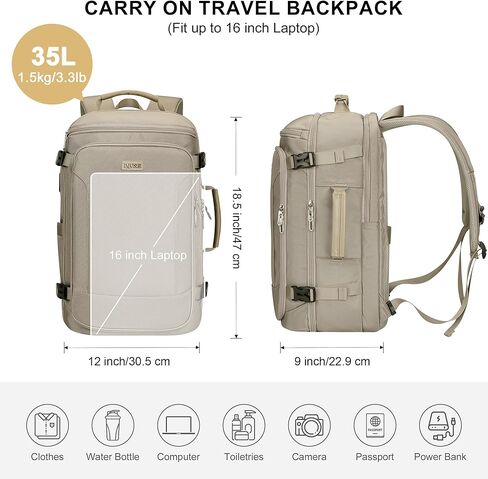 PIJUSHI Travel Laptop Backpack 35L Carry on Backpack for Women Men Flight Approved Business Daypack with USB Charging Port for Work Travel(PE067 Khaki) in Saudi Arabia