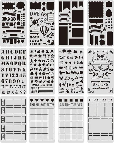 12 Pcs Journal Stencils Set, 4x7 Inch Plastic Durable, Washable Reusable Planner Stencils for Junk Journal Notebook Diary Scrapbook DIY Drawing Template in Saudi Arabia
