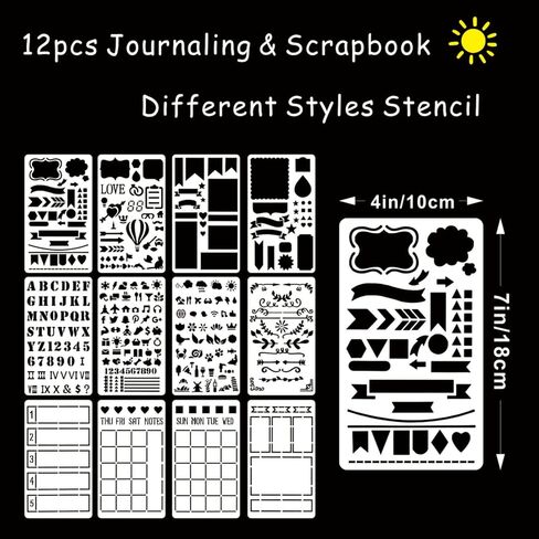 12 Pcs Journal Stencils Set, 4x7 Inch Plastic Durable, Washable Reusable Planner Stencils for Junk Journal Notebook Diary Scrapbook DIY Drawing Template in Saudi Arabia