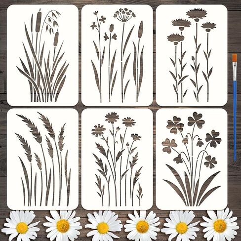 FINGERINSPIRE 6Styles Wildflowers Pattern Stencils with a Brush 11.7x8.3Inch Weeds Painting Stencils PET Plant Themes Floral Template for Wood Wall Floor Tiles in Kuwait