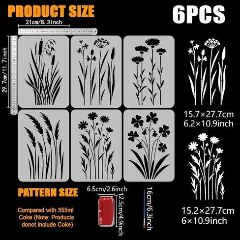 FINGERINSPIRE 6Styles Wildflowers Pattern Stencils with a Brush 11.7x8.3Inch Weeds Painting Stencils PET Plant Themes Floral Template for Wood Wall Floor Tiles in Kuwait