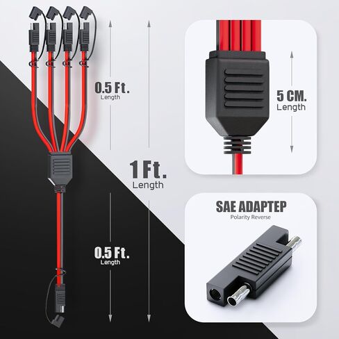 MADCATZ 10 AWG - SAE 1 to 4 Extension Cable Quick Disconnect Connector, SAE Y Splitter Adaptors, for Automotive, Solar Panel SAE Plug 12 inch/30cm - with SAE Adapters (1 Pack) in Kuwait