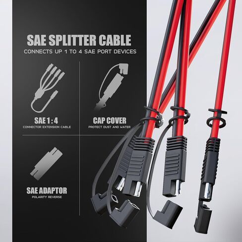 MADCATZ 10 AWG - SAE 1 to 4 Extension Cable Quick Disconnect Connector, SAE Y Splitter Adaptors, for Automotive, Solar Panel SAE Plug 12 inch/30cm - with SAE Adapters (1 Pack) in Kuwait
