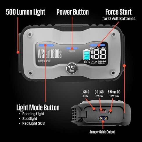 Westinghouse 2000A Portable Jump Starter & USB Power Bank - 12V Car Battery Booster Pack Jump Box for Up to 7.0L Gas & 5.0L Diesel Engines, Bright LED Flashlight, IP65 Rated Waterproof Housing in Kuwait