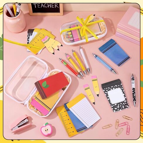Landhoow 6 Sets Teacher Appreciation Gifts Hard Sided Clear Zipper Case Scroll Pen Sticky Notes Double-Sided Hang Tag Ribbon Measuring Tape for Back to School Gifts Graduation Party Favors in Kuwait