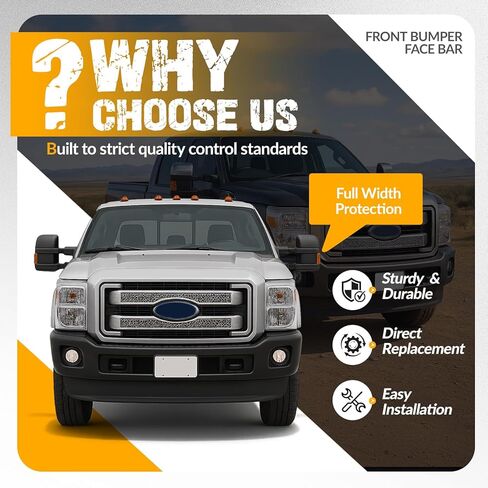 KUAFU Front Bumper Face Bar 3Pcs Compatible with 2011-2016 Ford F250 F350 F450 Super Duty Platinum, King Ranch, Lariat, XL, XLT W/Fog Light Holes FO1002417 BC3Z17757CPTM Steel Powder Coated in Kuwait