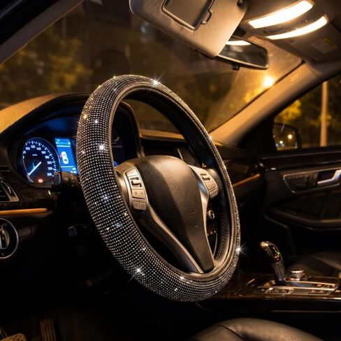 Bling Diamond Leather Steering Wheel Cover, Car Accessories for Women,Universal Fit 15" for SUVs Vans Sedans Trucks, Black Diamond in Kuwait