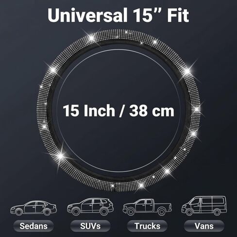 Bling Diamond Leather Steering Wheel Cover, Car Accessories for Women,Universal Fit 15" for SUVs Vans Sedans Trucks, Black Diamond in Kuwait