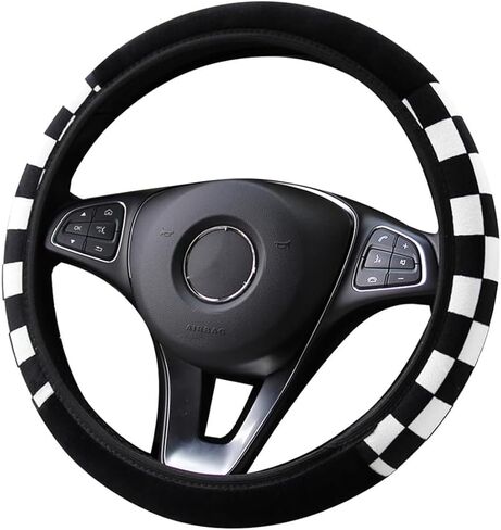 Checkered Plush Steering Wheel Cover, Soft Anti-Slip Steering Wheel Protector Without Inner Ring, 14.5-15 Inch Universal for Most Cars, Sutiable for Women Man (Black & White) in Kuwait