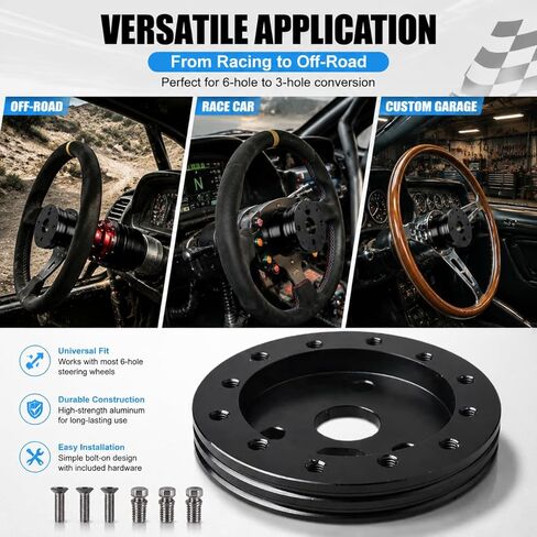 1 PC Car Steering Wheel Adapter Connector, 6 Hole to 3 Hole Metal Wheel Hub Conversion Spacer, Alloy Steering Wheel Quick Release Adapter, Universal for Most Cars (Black) in Saudi Arabia