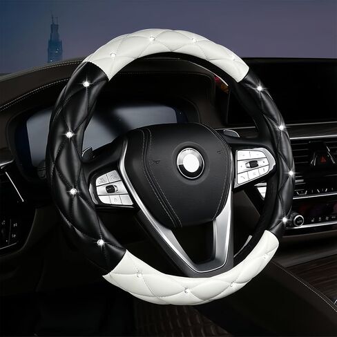 Diamond Leather Steering Wheel Cover Women, Girly Bling Steering Wheel Cover, Sparkly Non-Slip Soft, 15 Inch Interior Accessories for Women Girls Vehicle, Black in Saudi Arabia