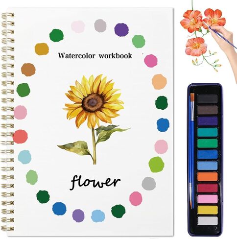 Watercolor Workbook, Water Coloring Book, 12 Different Patterns of Original DIY Designs, 12 Colors Watercolor Paint Set with Palette and Brush, Beginner-Friendly Watercolor Workbooks（Flower-A） in Saudi Arabia