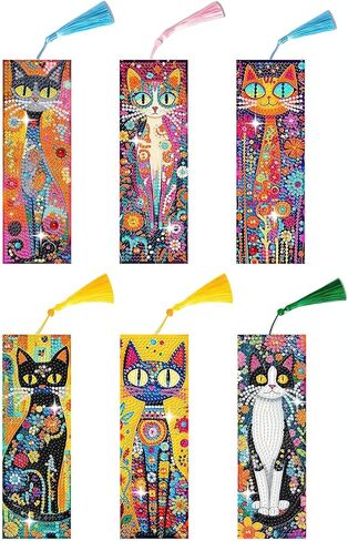 Diamond Art Bookmarks for Adults - 6 Pcs Diamond Art Cats DIY Acrylic 5D Diamond Painting Bookmarks Kit with Tassels, Rhinestone Crafts Decoration Gift Set for Book Lovers in Kuwait