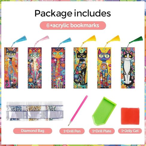 Diamond Art Bookmarks for Adults - 6 Pcs Diamond Art Cats DIY Acrylic 5D Diamond Painting Bookmarks Kit with Tassels, Rhinestone Crafts Decoration Gift Set for Book Lovers in Kuwait
