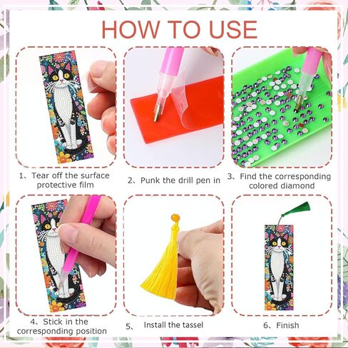 Diamond Art Bookmarks for Adults - 6 Pcs Diamond Art Cats DIY Acrylic 5D Diamond Painting Bookmarks Kit with Tassels, Rhinestone Crafts Decoration Gift Set for Book Lovers in Kuwait