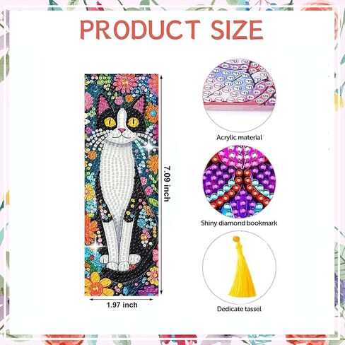 Diamond Art Bookmarks for Adults - 6 Pcs Diamond Art Cats DIY Acrylic 5D Diamond Painting Bookmarks Kit with Tassels, Rhinestone Crafts Decoration Gift Set for Book Lovers in Kuwait
