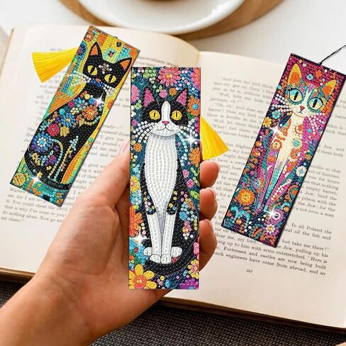 Diamond Art Bookmarks for Adults - 6 Pcs Diamond Art Cats DIY Acrylic 5D Diamond Painting Bookmarks Kit with Tassels, Rhinestone Crafts Decoration Gift Set for Book Lovers in Kuwait