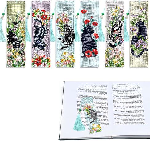 Diamond Art Bookmarks for Adults - 6 Pcs Diamond Art Cats DIY Acrylic 5D Diamond Painting Bookmarks Kit with Tassels, Rhinestone Crafts Decoration Gift Set for Book Lovers in Kuwait