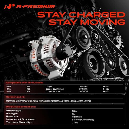 A-Premium Alternator Compatible with Mini Cooper 2011-2015, Cooper Countryman 2011-2016, Cooper Paceman 2013-2016, 1.6L, 12V 150A 6-Groove Clutch Pulley Clockwise in Kuwait