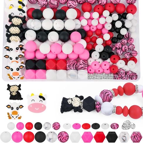 181pcs Highland Cow Silicone Beads, 9mm & 15mm Mixed Colors Focal Bead Cow Rubber Beads, Lentil, Hexagonal, Print Matte/Frosted Bead for Keychain Making, Bracelet Necklace DIY in Saudi Arabia