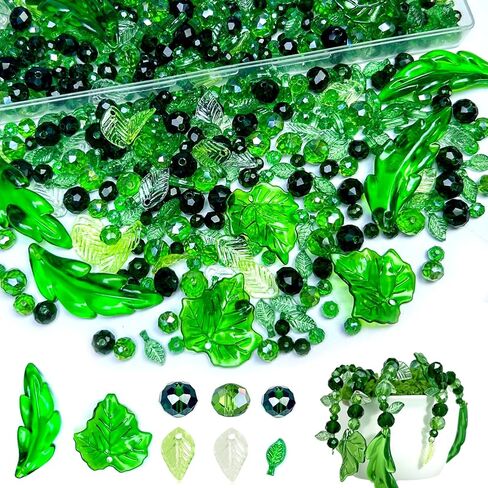 1000pcs Assorted Glass Beads with Acrylic Leaf Beads, Green Crystal Faceted and Plastic Leaves Bead Kit Loose Bulk Beaded for Plant Craft, Earring Necklace Bracelet Jewelry Making, Home Decor in Saudi Arabia