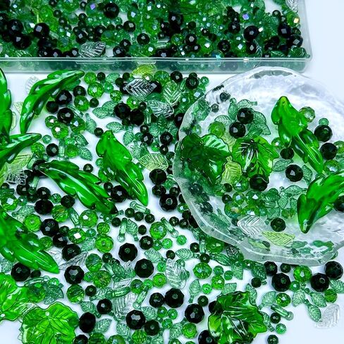 1000pcs Assorted Glass Beads with Acrylic Leaf Beads, Green Crystal Faceted and Plastic Leaves Bead Kit Loose Bulk Beaded for Plant Craft, Earring Necklace Bracelet Jewelry Making, Home Decor in Saudi Arabia