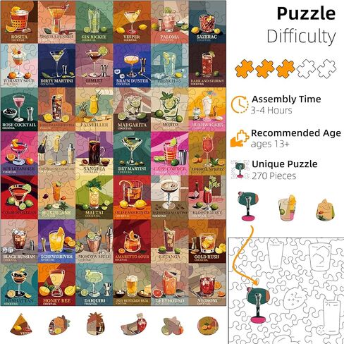 Wooden Puzzles for Adults, Unique Shape Wooden Jigsaw Puzzles for Adults, Cocktail Wood Puzzles Adult with Exquisite Wooden Box for Family Game Birthday Gift (10.8 x 15.1in, 270pcs) in Saudi Arabia