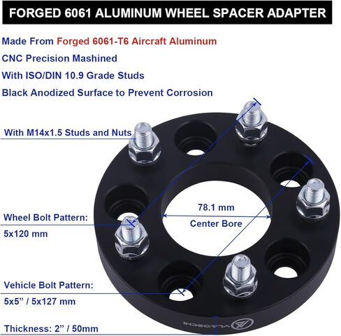 محولات عجلات سوداء مزورة 5x127 إلى 5x120 مقاس 2 بوصة مع مسامير 14x1.5 متوافقة مع Jeep 5 Lug 5x5 لعام 2019+ Wrangler JL JLU Gladiator JT | 2011+ جراند شيروكي WK2 دورانجو - عبوة من 4 قطع in Kuwait