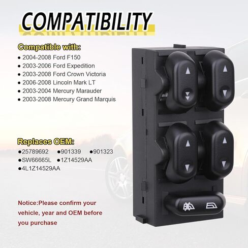 Vurkcy Power Master Window Switch, Fit for 2004-2008 Ford F150, 2003-2008 Crown Victoria, 2003-2006 Ford Expedition, Lincoln Mark LT, Mercury Grand Marquis and Marauder, Replaces 901339, 5L1Z14529AA in Kuwait