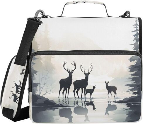 ALAZA Pine Tree Lake Deer Zipper Binder 3 Ring Binder Organizer with Zipper and Shoulder Strap Large Capacity Multi-Pocket for Office Supplies Work in Kuwait