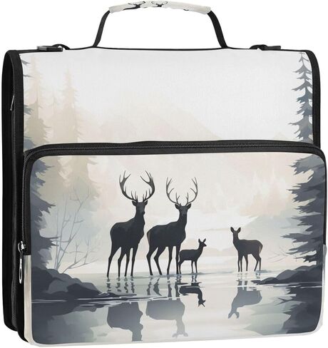 ALAZA Pine Tree Lake Deer Zipper Binder 3 Ring Binder Organizer with Zipper and Shoulder Strap Large Capacity Multi-Pocket for Office Supplies Work in Kuwait