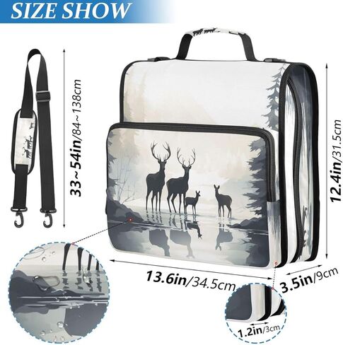 ALAZA Pine Tree Lake Deer Zipper Binder 3 Ring Binder Organizer with Zipper and Shoulder Strap Large Capacity Multi-Pocket for Office Supplies Work in Kuwait