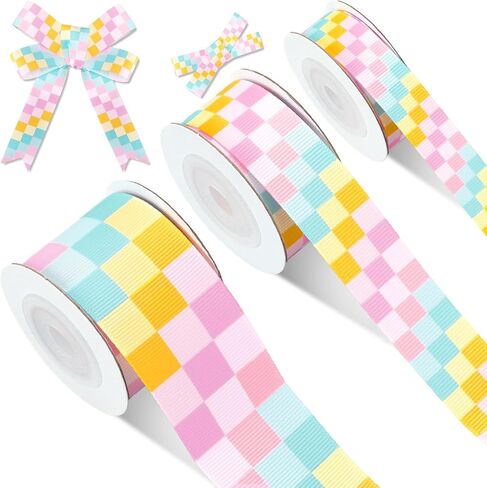 JarThenaAMCS 3 Rolls Pastel Checkered Grosgrain Ribbons Fabric Craft Ribbon Colorful Plaid Ribbon for Wreath Bow Gift Wrap Back to School Party Decor, 5/8" 7/8" 1.5", 15 Yards in Kuwait