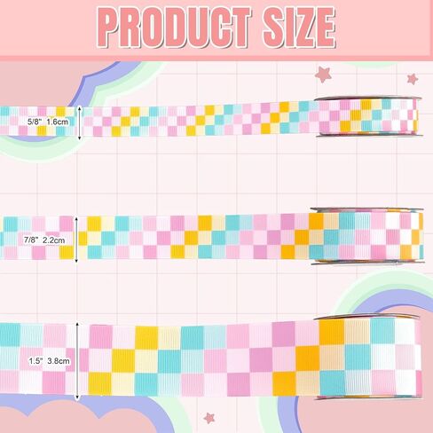 JarThenaAMCS 3 Rolls Pastel Checkered Grosgrain Ribbons Fabric Craft Ribbon Colorful Plaid Ribbon for Wreath Bow Gift Wrap Back to School Party Decor, 5/8" 7/8" 1.5", 15 Yards in Kuwait