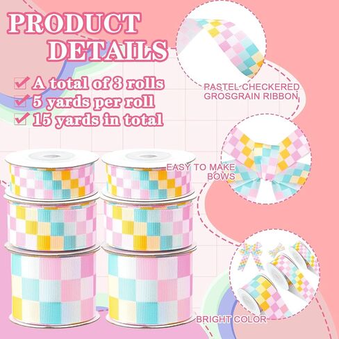 JarThenaAMCS 3 Rolls Pastel Checkered Grosgrain Ribbons Fabric Craft Ribbon Colorful Plaid Ribbon for Wreath Bow Gift Wrap Back to School Party Decor, 5/8" 7/8" 1.5", 15 Yards in Kuwait