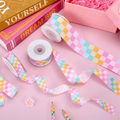 JarThenaAMCS 3 Rolls Pastel Checkered Grosgrain Ribbons Fabric Craft Ribbon Colorful Plaid Ribbon for Wreath Bow Gift Wrap Back to School Party Decor, 5/8" 7/8" 1.5", 15 Yards in Kuwait