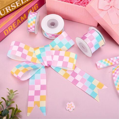 JarThenaAMCS 3 Rolls Pastel Checkered Grosgrain Ribbons Fabric Craft Ribbon Colorful Plaid Ribbon for Wreath Bow Gift Wrap Back to School Party Decor, 5/8" 7/8" 1.5", 15 Yards in Kuwait