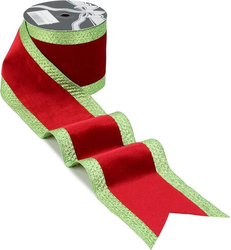4" Sage Green Christmas Velvet Wired Ribbon with Champagne Gold Glitter Stripe Edges - 10 Yards Roll for Christmas Tree, Gift Wrapping, Wreaths, Holiday Crafts & Décor in Saudi Arabia