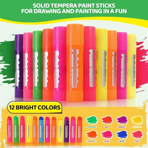 12 Neon Colors Tempera Paint Sticks for Kids, Twistable, Quick-Dry & Washable Non-Toxic Art Supplies Mess-Free Crafting on Paper, Wood, Glass, Fabric for Toddlers & Classroom in Saudi Arabia