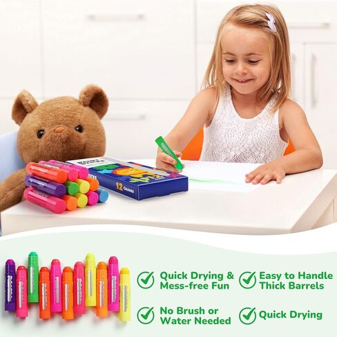 12 Neon Colors Tempera Paint Sticks for Kids, Twistable, Quick-Dry & Washable Non-Toxic Art Supplies Mess-Free Crafting on Paper, Wood, Glass, Fabric for Toddlers & Classroom in Saudi Arabia