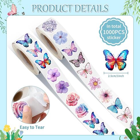 1000PCS Flower Butterfly Stickers Roll, 16 Styles Colorful Spring Floral Decals, 3D Cute Roll Stickers for Parties, Walls, Scrapbooks, Envelopes, Birthday and Greeting Cards in Saudi Arabia