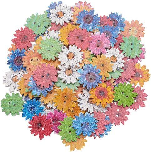 1 Box 96pcs Flower Wood Buttons White Daisy Buttons Bulk 2 Hole Large 25MM Wooden Spring Decorative Assorted Color Printed Floral Button for Crafts Clothes Sewing DIY Making Craft Decorations in Kuwait