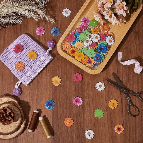 1 Box 96pcs Flower Wood Buttons White Daisy Buttons Bulk 2 Hole Large 25MM Wooden Spring Decorative Assorted Color Printed Floral Button for Crafts Clothes Sewing DIY Making Craft Decorations in Kuwait