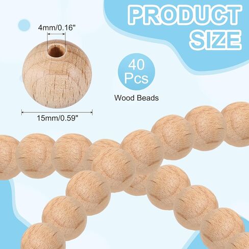 MECCANIXITY Wooden Beads Unfinished Natural Round Wood Beads Bulk with Holes for Garland Macrame Jewelry Making DIY Decor, 40PCS, 15mm in Kuwait