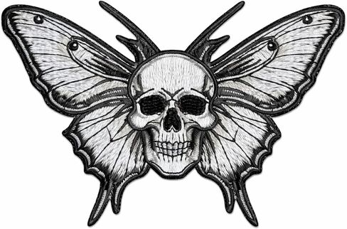 Skull Hawk Moth Iron On Patch – Gothic Insect Applique for Jackets, Bags, Hats, Jeans and Crafts (Black and White) in Kuwait