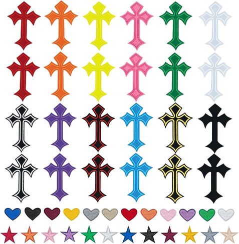 Cross Patches Iron On for Clothes, Chrome Heart Embroidered Applique with Cross Star Heart Designs, DIY Easter Patches for Jeans Jackets Hats (48 Pcs Without Sequins) in Saudi Arabia